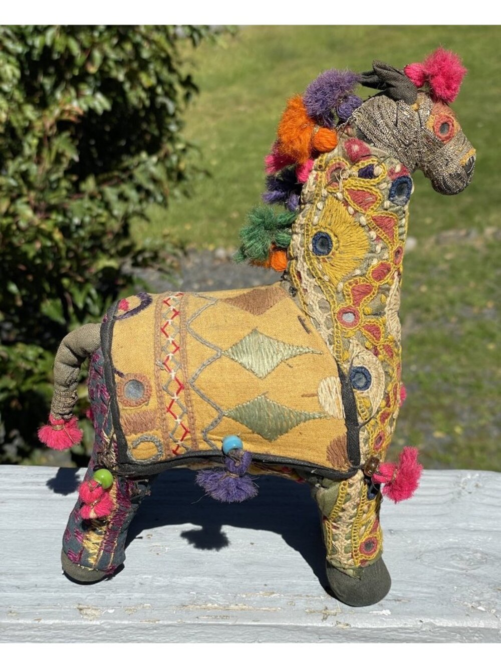 Vintage India Folk Art Horse Hand Woven Fabric Mirrors Beads BOHO Rajasthan MCM